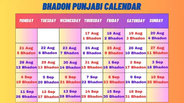 Bhadon Calendar